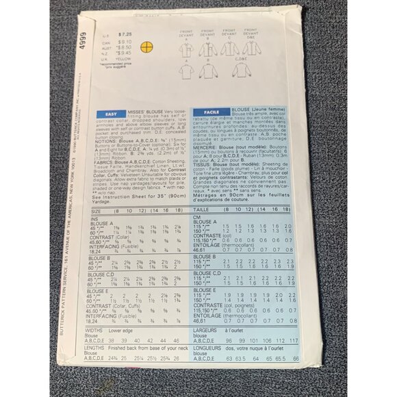 Butterick 4999 Classics Sewing Pattern Misses Blouse Sizes 8-12 1987 - Picture 2 of 2